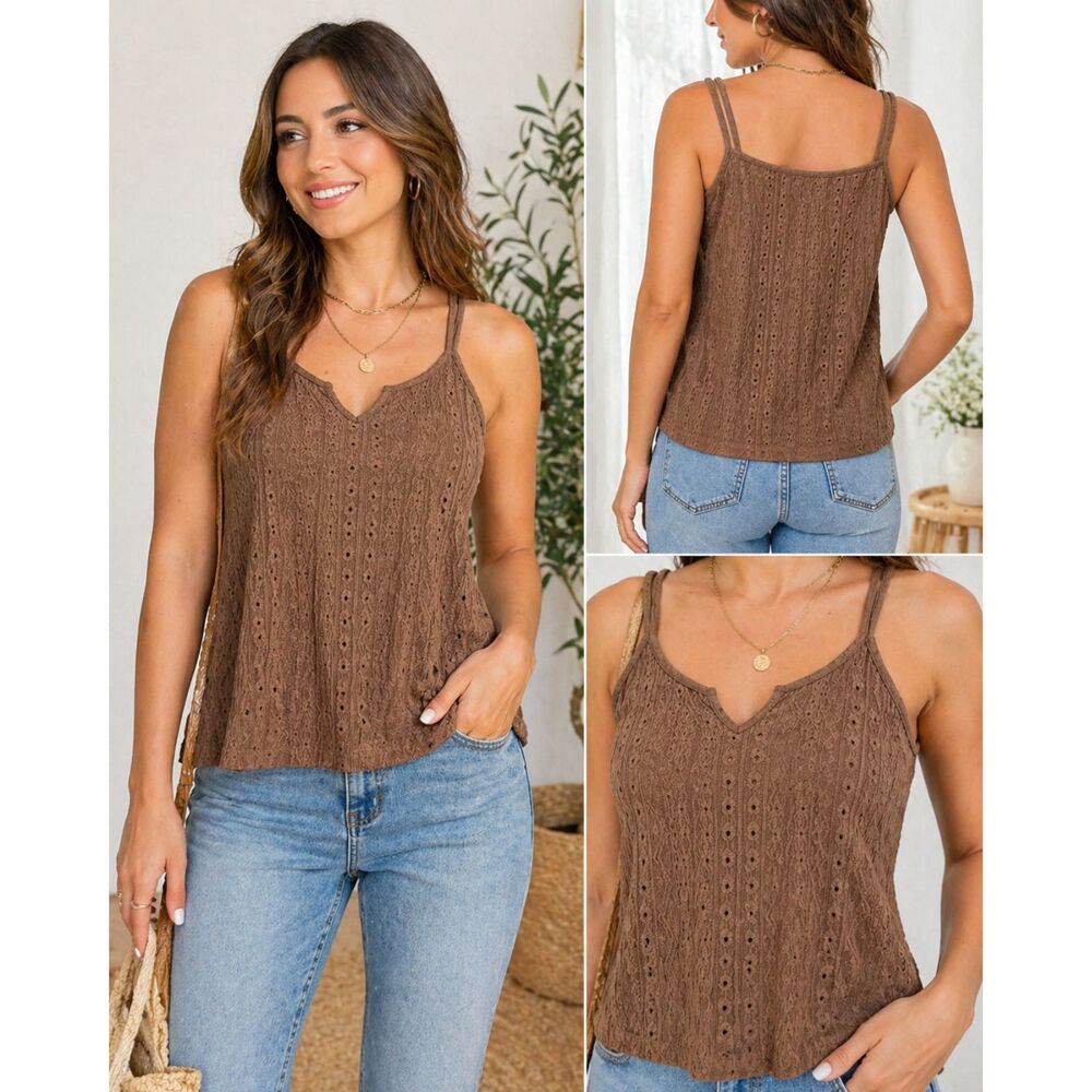 Shein Tank Top XL Brown Eyelet Textured Cami Sleeveless Stretch Casual NWOT